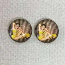 12mm Art Glass Backed Cabochons  - Pin-up Girl Design 8 - Per Pair