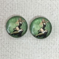 12mm Art Glass Backed Cabochons  - Pin-up Girl Design 7 - Per Pair