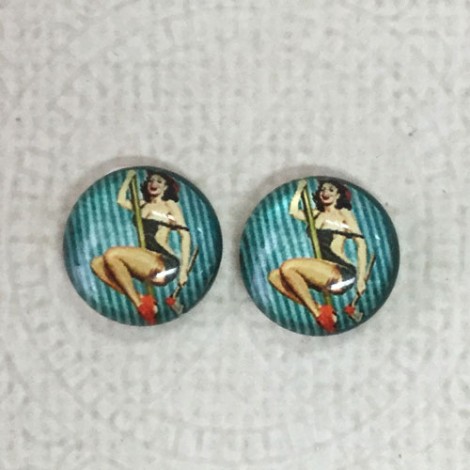 12mm Art Glass Backed Cabochons  - Pin-up Girl Design 5