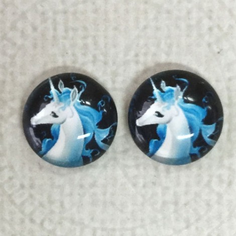 12mm Art Glass Backed Cabochons - Unicorn Design 6 - Per Pair 12mm Art Glass Backed Cabochons - Unicorn Design 6 - Per Pair