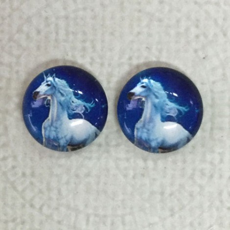 12mm Art Glass Backed Cabochons -  Unicorn Design 4 - Per Pair