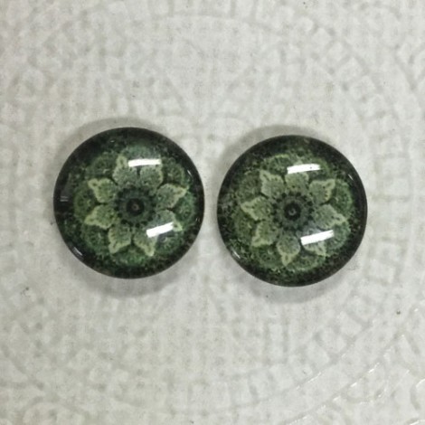 12mm Art Glass Backed Cabochons  - Flower & Dragonfly Design 11 - Per Pair