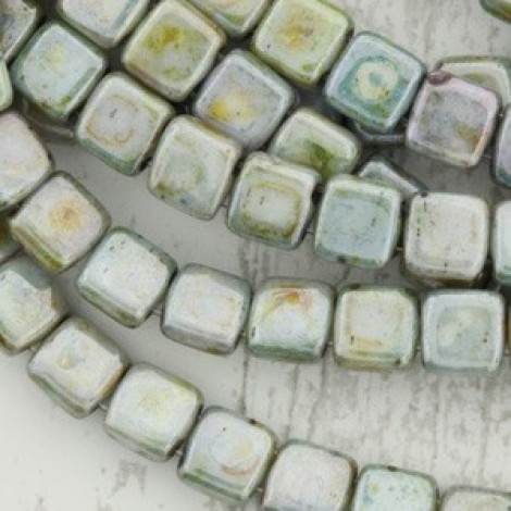 6mm CzechMates 2-Hole Tile Beads - Luster Opaque Green - Pack of 20
