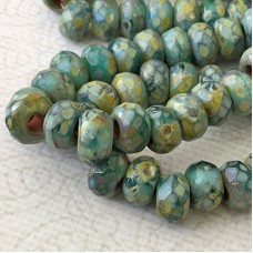 6x9mm Czech Faceted Roller Beads - Green Turquoise Picasso