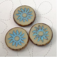 22mm Czech Sun Table Cut Coin Beads - Opaque Beige with Turquoise Wash + Picasso - Each