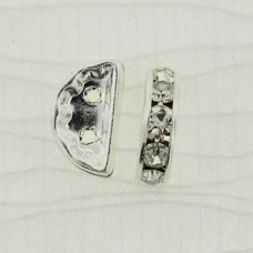 13x6mm Silver Pl Czech Rhinestone 2-Hole Half-Moon Spacers - Pack of 2