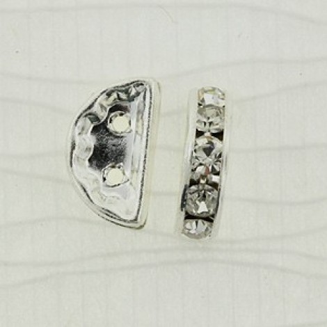 13x6mm Silver Pl Czech Rhinestone 2-Hole Half-Moon Spacers - Pack of 2