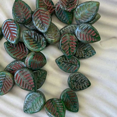 12x16mm Czech Dogwood Leaves - Dark Green with Picasso Finish - Pack of 2 12x16mm Czech Dogwood Leaves - Dark Green with Picasso Finish - Pack of 2
