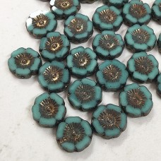 12mm Czech Table-Cut Hibiscus Beads - Tea Green with Bronze - Pack of 2