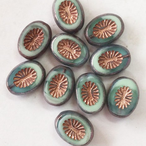 14x12mm Cz Table-Cut Carved Oval Beads - Kiwi Blue Green with Metallic Finish