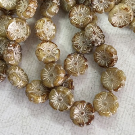 12mm Czech Table-Cut Hibiscus Flowers - Beige with Ivory Wash + Mercury Finish