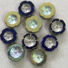 14mm Czech Table-Cut Hibiscus Flowers - Sapphire with AB + Antique Silver finish