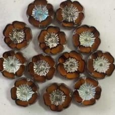 12mm Czech Table-Cut Hibiscus Flowers - Yellow Gold with AB + Antique Silver Finish