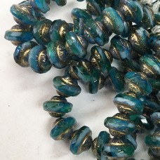 6x8mm Czech Saturn Cut Beads - Sea Green + Sky Blue with Etched, Gold + Bronze Finishes - Pack of 2