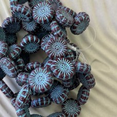 13mm Czech Sunflower Beads - Maroon with Turquoise Wash - Pack of 2
