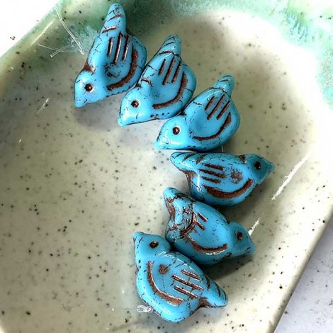 11x22x8mm Czech Bird Bead - Semi-transparent Medium Sky Blue with Metallic Brown Wash - Each