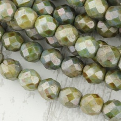 8mm Czech Firepolish Beads - Opaque Green Luster - Pack of 20