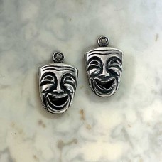 Comedy-Tragedy Mask Charm - Sterling Silver Plated Brass - double sided - Pack of 2