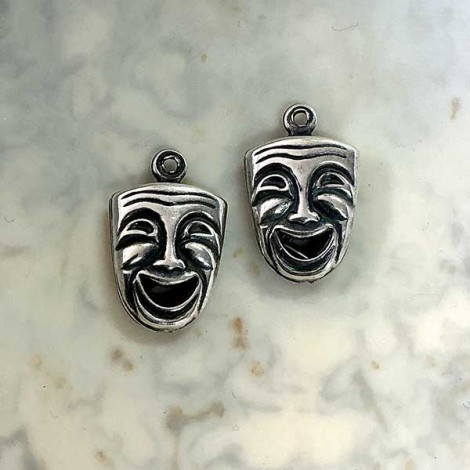 Comedy-Tragedy Mask Charm - Sterling Silver Plated Brass - double sided - Pack of 2