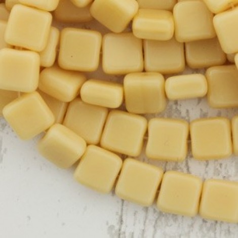 6mm Czech Flat Square Tile Beads - Opaque Light Beige - Pack of 20