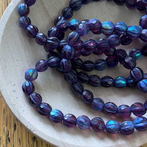 6mm Czech Faceted Melon Beads - Matte Plum with AB Finish + Purple Wash - Pack of 5