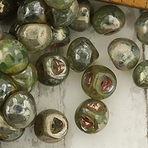 9x8mm Czech Mushroom Button Drops - Green Picasso - Pack of 10 9x8mm Czech Mushroom Button Drops - Green Picasso - Pack of 10