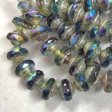6x8mm Czech Saturn Cut Beads - Sapphire & Purple with Rainbow AB + Silver Finish - Pack of 2