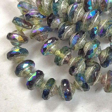 6x8mm Czech Saturn Cut Beads - Sapphire & Purple with Rainbow AB + Silver Finish - Pack of 2 6x8mm Czech Saturn Cut Beads - Sapphire & Purple with Rainbow AB + Silver Finish - Pack of 2