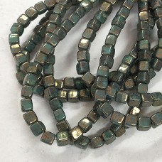 4mm Czech Pressed Glass Cube Beads - Blue Green with Gold - Pack of 20