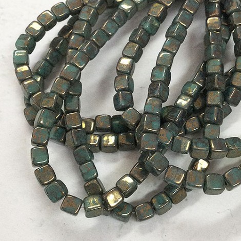 4mm Czech Pressed Glass Cube Beads - Blue Green with Gold - Pack of 20 4mm Czech Pressed Glass Cube Beads - Blue Green with Gold - Pack of 20