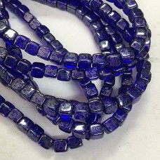 4mm Czech Pressed Glass Cube Beads - Sapphire with Picasso Finish - Pack of 20