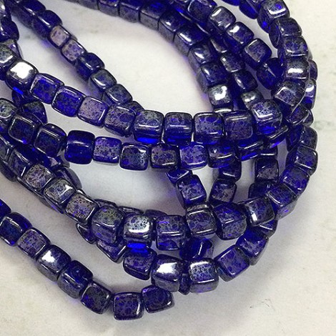 4mm Czech Pressed Glass Cube Beads - Sapphire with Picasso Finish - Pack of 20 4mm Czech Pressed Glass Cube Beads - Sapphire with Picasso Finish - Pack of 20