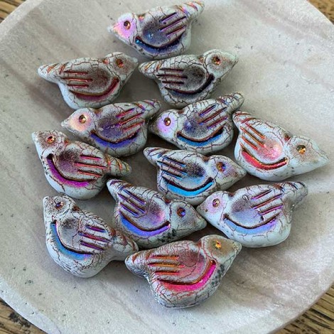 11x22x8mm Czech Bird Bead - Matte White with Rainbow Wash - Each