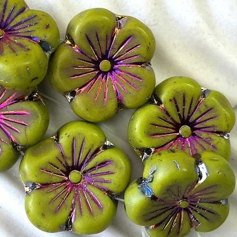 21mm Czech Table-Cut Hibiscus Beads - Matte Peridot with Volcano Wash - Each