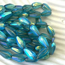 15x8mm Czech Faceted Melon Drops - Matte Sky Blue w-Rainbow AB + Gold Finish - Pack of 2