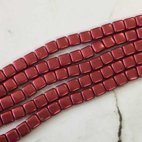 6mm Czechmates Two Hole Tile Beads - Sueded Gold Red Lily Pad - Pack of 20