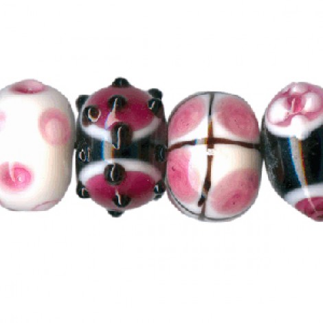 14mm Pink/Black/White Handmade Lampwork Glass Beads