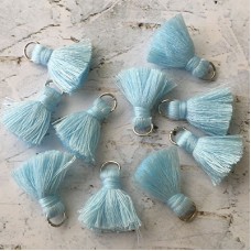 20mm Cotton Mini Tassels with Silver Jumpring - Pack of 10 - Ice Blue/Silver