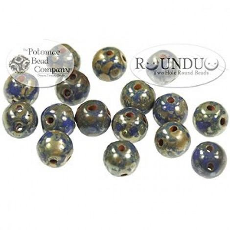 5mm RounDuo Czech 2-Hole Beads - Opaque Blue Picasso - 75 beads
