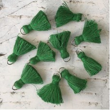20mm Cotton Mini Tassels with Silver Jumpring - Pack of 10 - Forest Green/Silver