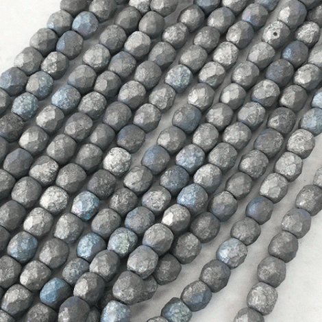 4mm Czech Firepolish Beads - Matted Grey AB Etched - Pack of 50