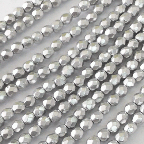 4mm Czech Fire Polish Round Beads - Silky Silver - Pack of 50