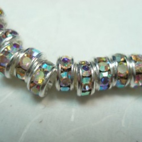 6mm Silver Plated Rhinestone Rondelles - Crystal AB - Pack of 10