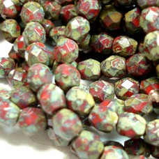 4mm Czech Firepolish Round Beads - Opaque Red Picasso - Pack of 50