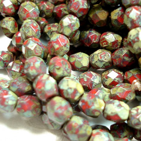 4mm Czech Firepolish Round Beads - Opaque Red Picasso - Pack of 50 4mm Czech Firepolish Round Beads - Opaque Red Picasso - Pack of 50