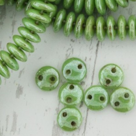 6mm Czechmates 2-Hole Lentils - Honeydew Luster Picasso - - Pack of 50 6mm Czechmates 2-Hole Lentils - Honeydew Luster Picasso - - Pack of 50