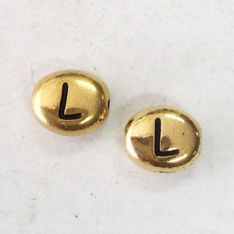 6x7mm TierraCast Alphabet Beads - 22K Antique Gold Plated - “L” - Pack of 2