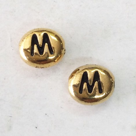 6x7mm TierraCast Alphabet Beads - 22K Antique Gold Plated - “M” - Pack of 2