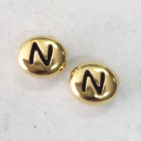 6x7mm TierraCast Alphabet Beads - 22K Antique Gold Plated - “N” - Pack of 2