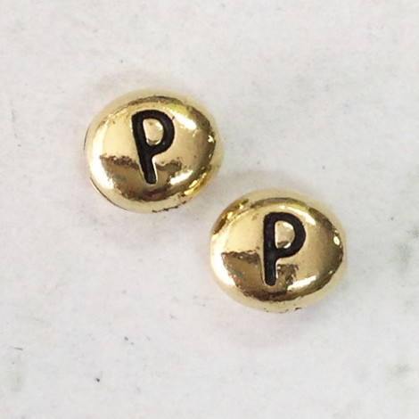 6x7mm TierraCast Alphabet Beads - 22K Antique Gold Plated - “P” - Pack of 2